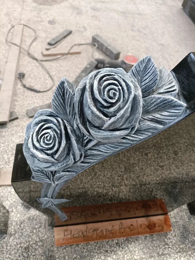 Black Granite Headstone with Antique Carved Roses 8